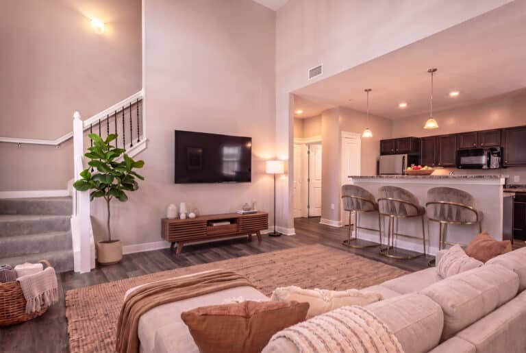 The Hamilton Apartments living room and kitchen.